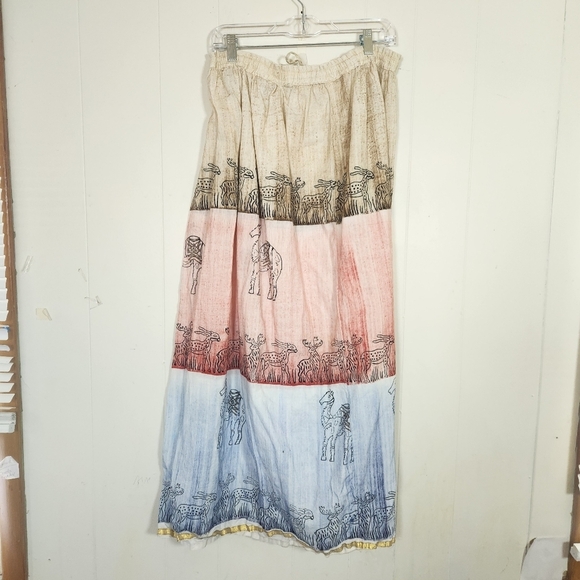 Handmade Multi-color Maxi Skirt Tan Pink Blue Size Large Camels Gazelles Zoo - Picture 2 of 16